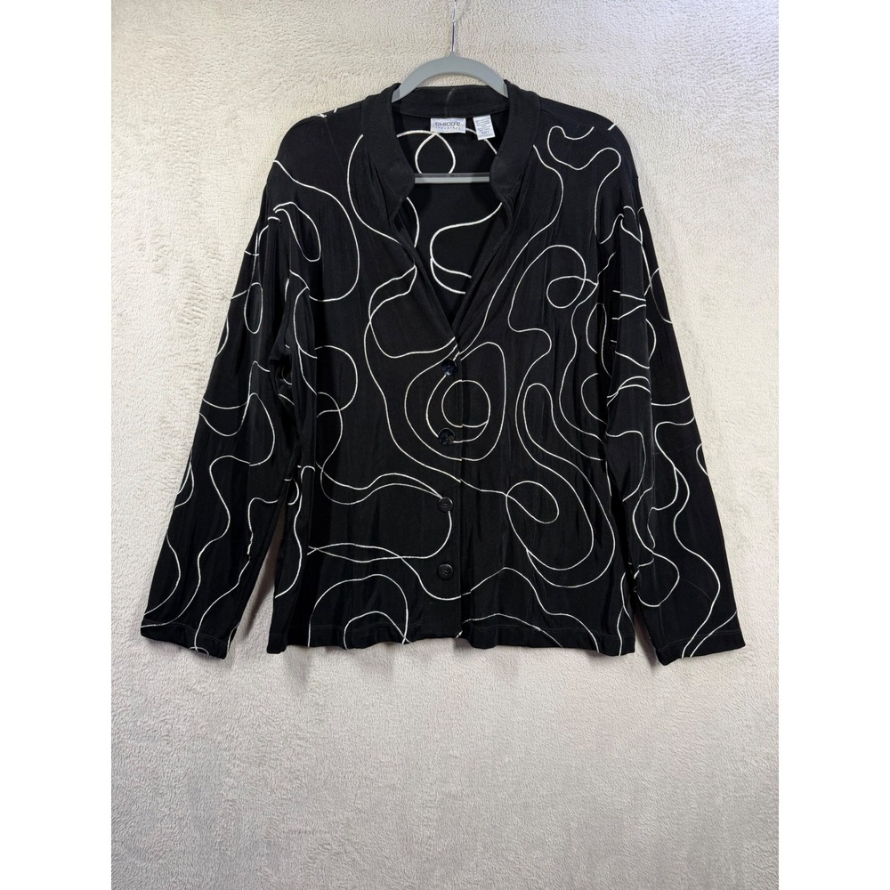 Chico's Travelers Cardigan Women's XL Black White Abstract Swirl Embroidered Top